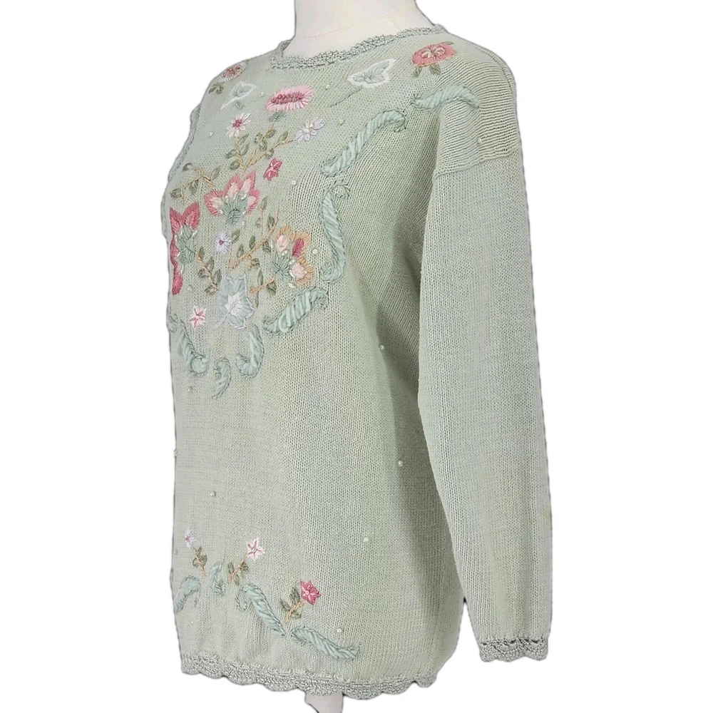Vintage Streanigans Embroidered Sweater Womens M Sage Cottagecore Fairycore